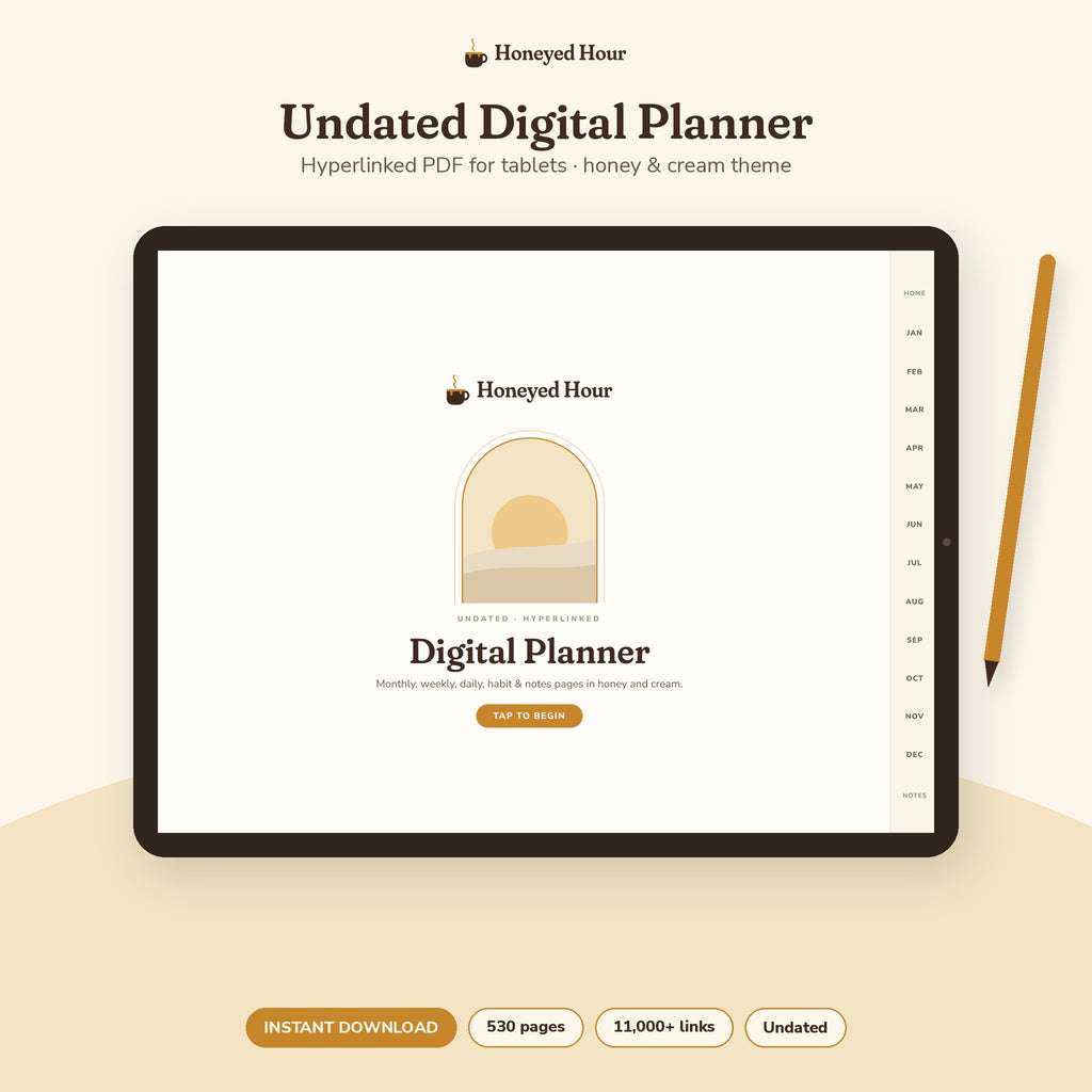 Undated Digital Planner – Hyperlinked PDF for Tablets, Honey & Cream Theme printable cover
