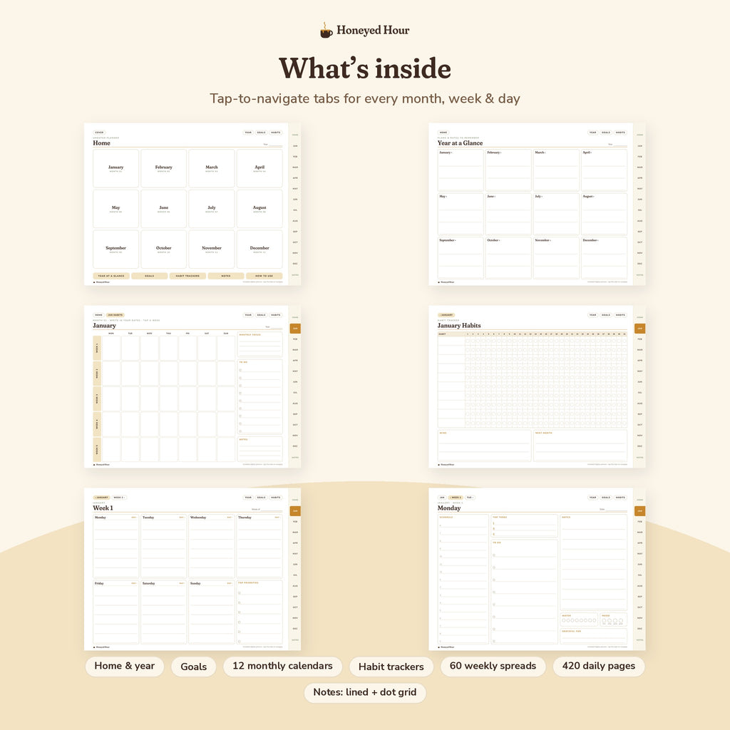 Undated Digital Planner – Hyperlinked PDF for Tablets, Honey & Cream Theme pages preview