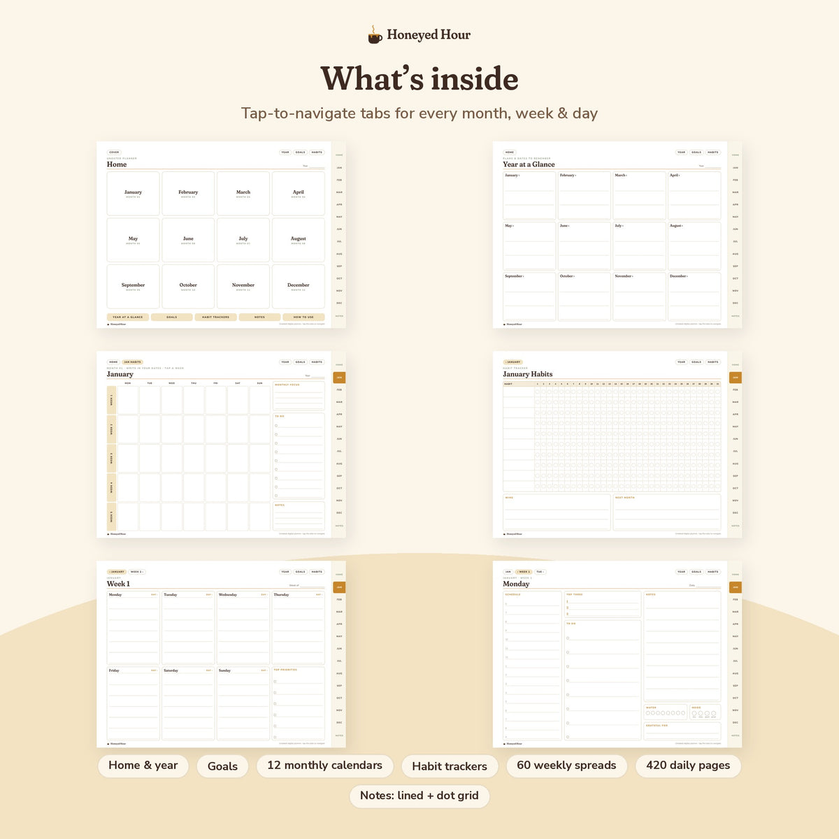 Undated Digital Planner – Hyperlinked PDF for Tablets, Honey & Cream Theme pages preview