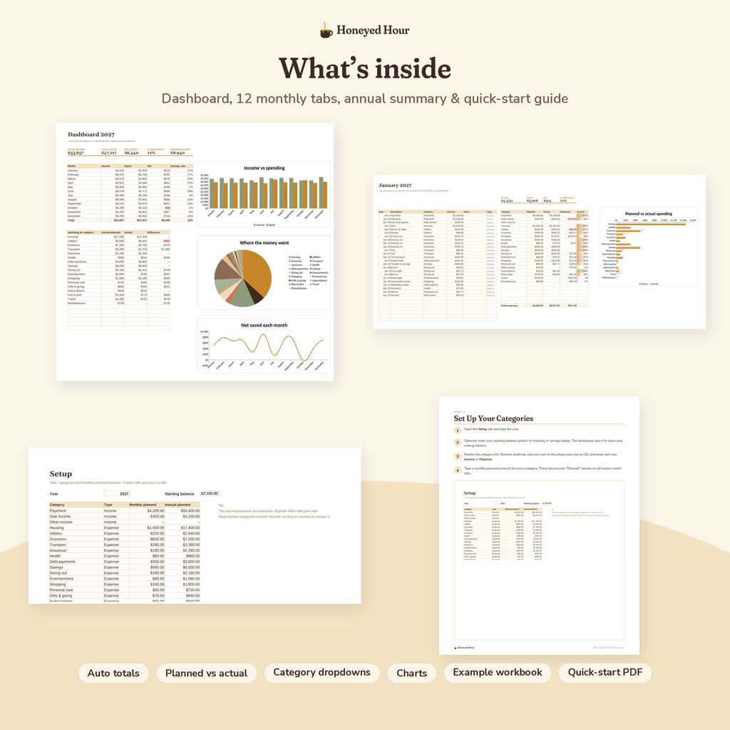Monthly Budget Spreadsheet – Auto-Calculating Google Sheets & Excel Template pages preview