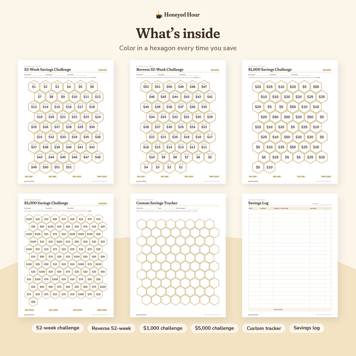 Savings Challenge Trackers – Printable Color-In Money Saving Charts pages preview