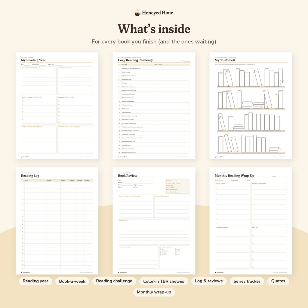 Reading Journal Printable – Book Log, Reviews & Color-In TBR Shelf pages preview