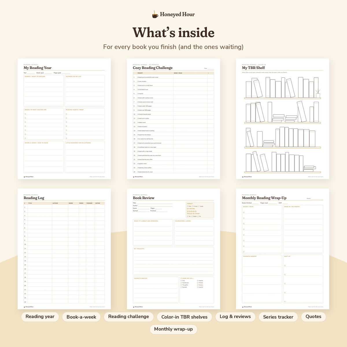 Reading Journal Printable – Book Log, Reviews & Color-In TBR Shelf pages preview