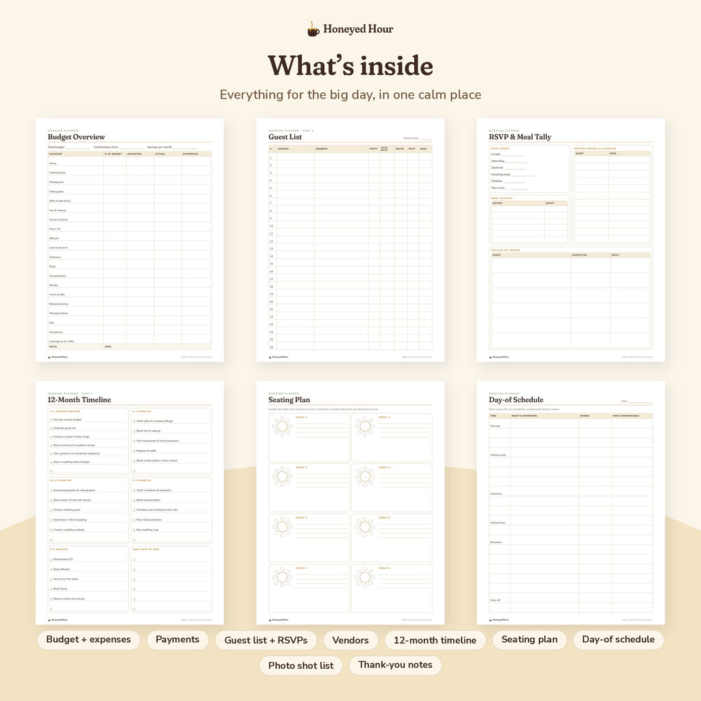 Wedding Planner Printable – Budget, Guest List & Timeline Organizer pages preview