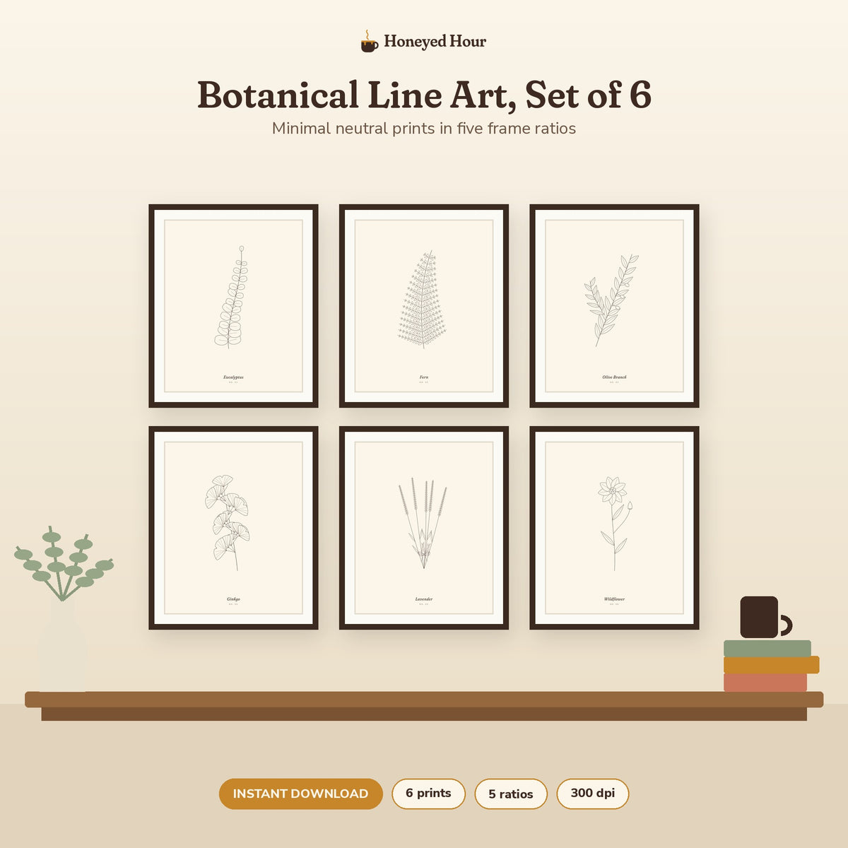 Botanical Line Art Printable Set of 6 – Minimal Neutral Wall Art printable cover