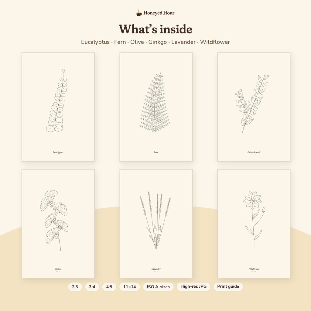 Botanical Line Art Printable Set of 6 – Minimal Neutral Wall Art pages preview