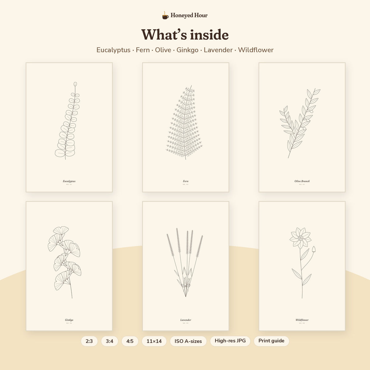 Botanical Line Art Printable Set of 6 – Minimal Neutral Wall Art pages preview