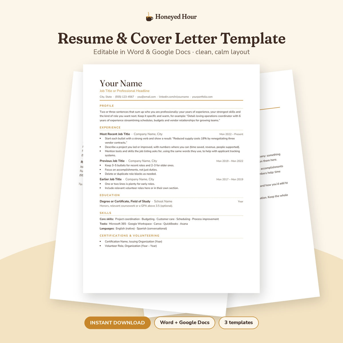 Editable Resume & Cover Letter Template – Word & Google Docs, Clean Layout printable cover