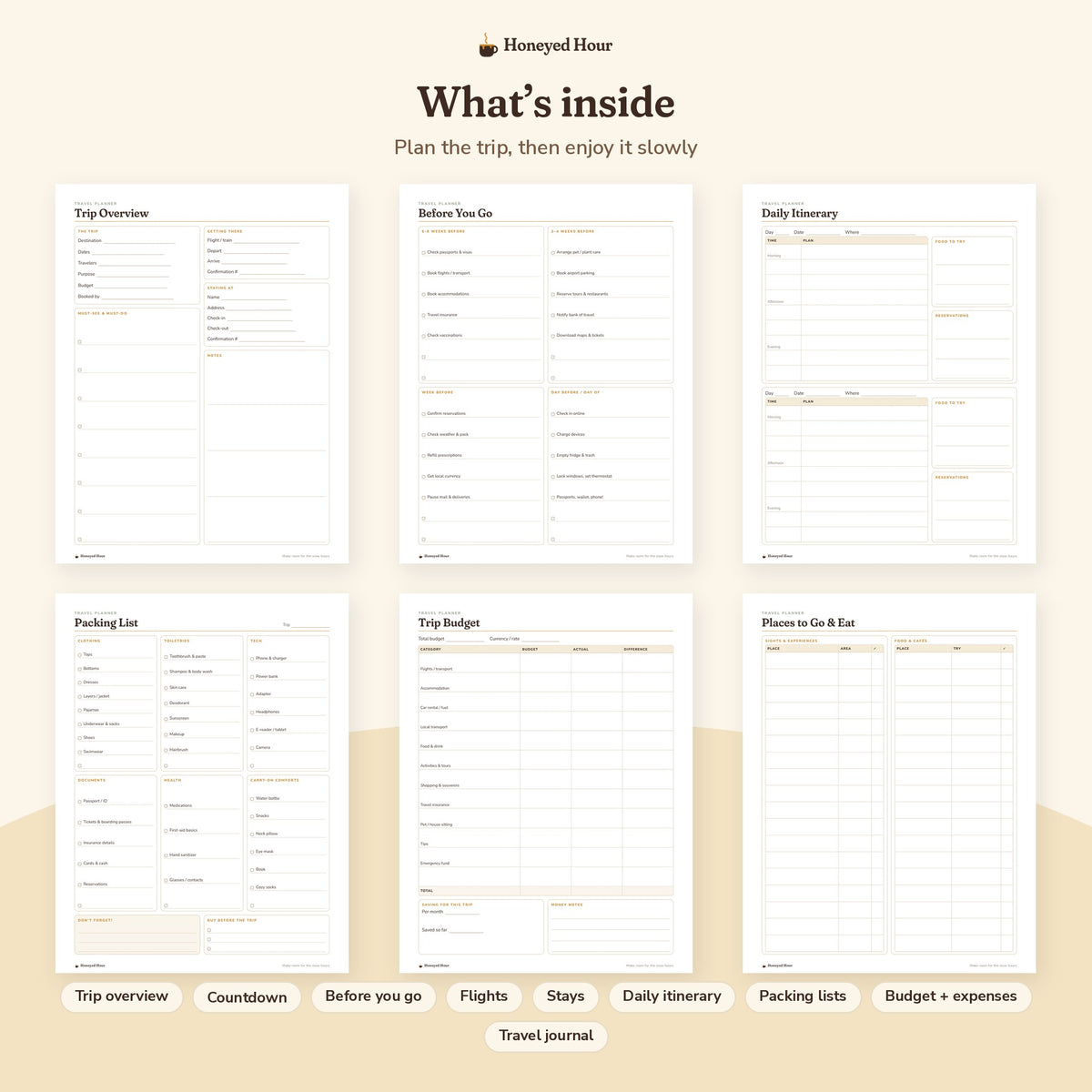 Travel Planner Printable – Itinerary, Packing List & Trip Budget Pages pages preview