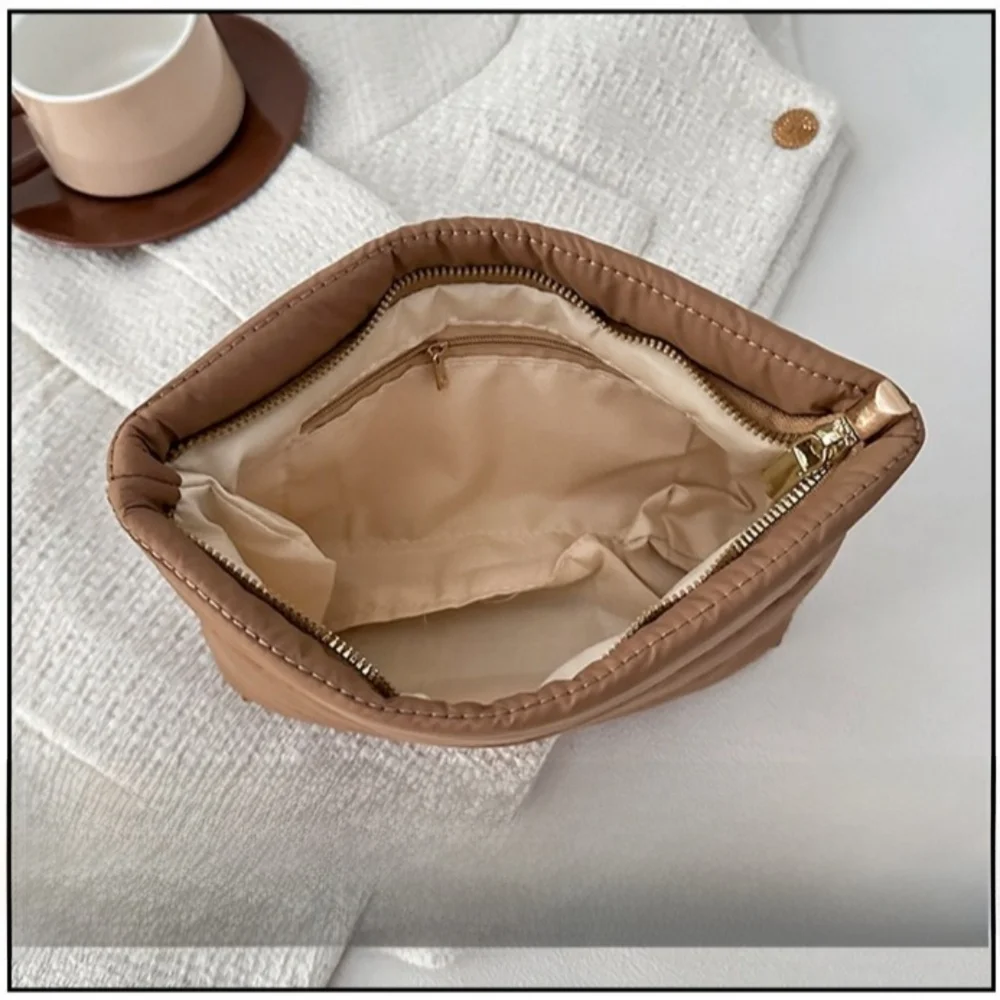 Quilted Puffy Cosmetic Bag – Soft Makeup Pouch in Warm Neutral Shades