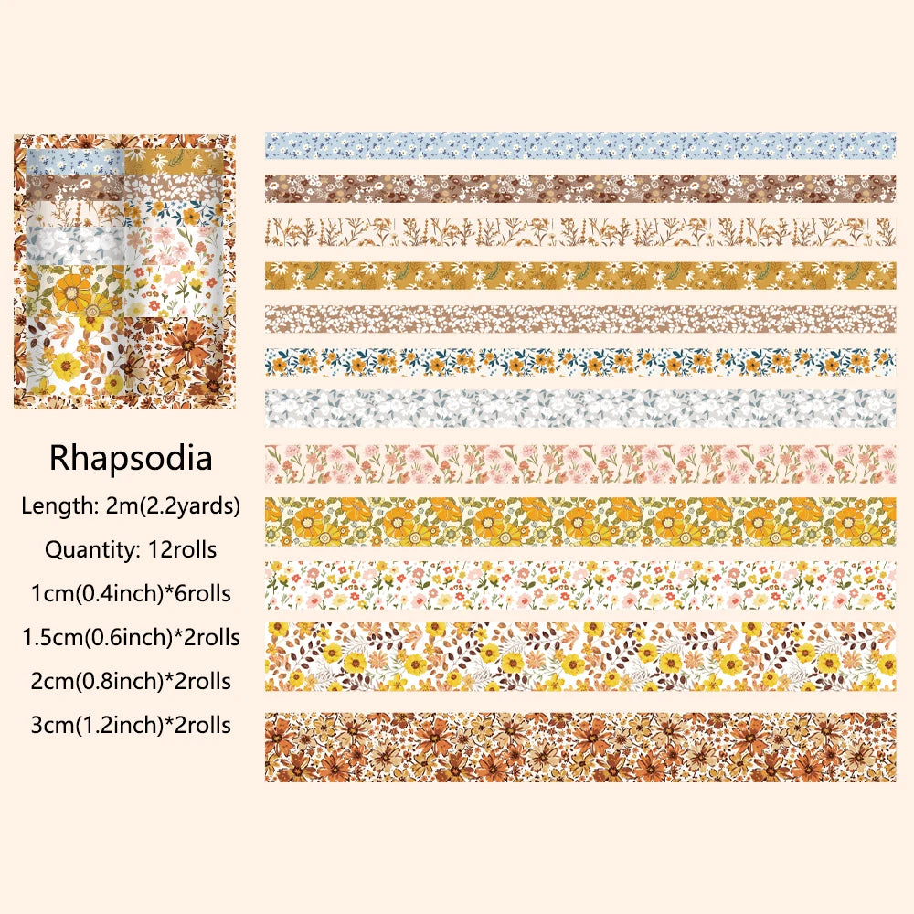 Washi Tape Set of 12 – Botanical & Neutral Tapes for Journals and Planners