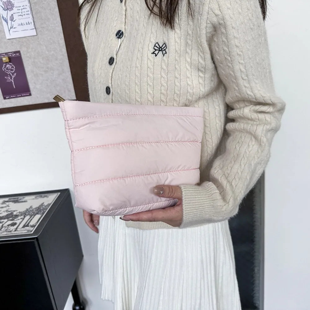 Quilted Puffy Cosmetic Bag – Soft Makeup Pouch in Warm Neutral Shades