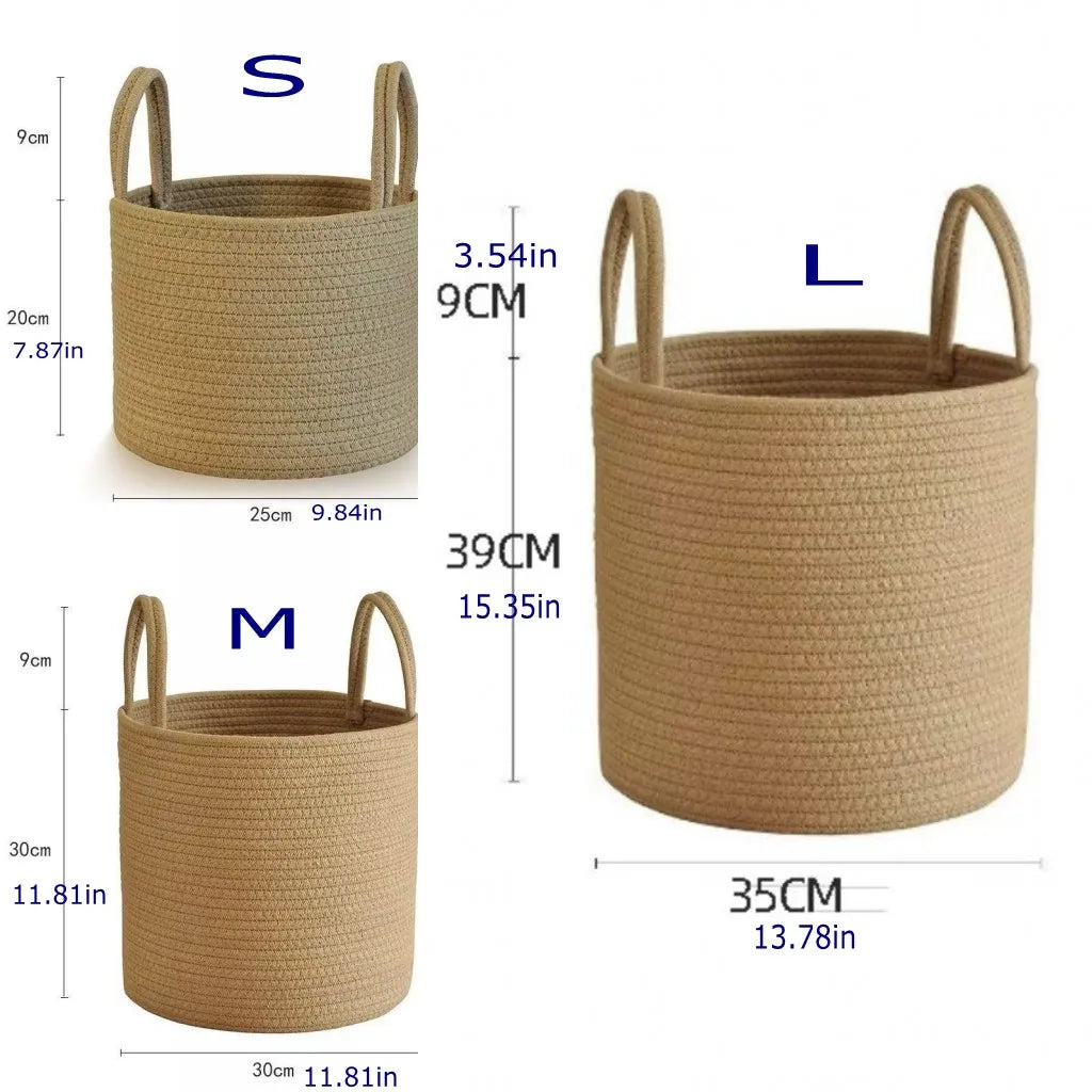 Woven Cotton Rope Storage Basket – Cozy Blanket Basket with Handles
