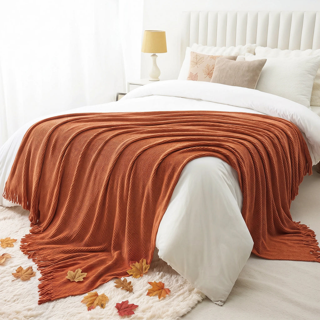 Chenille knit throw blanket with fringe, photo 3 of 12