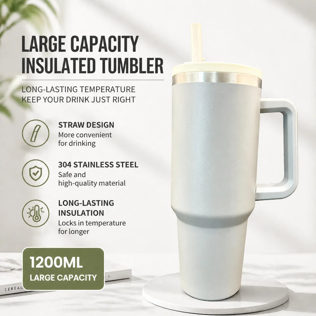 40 oz Insulated Tumbler with Handle & Straw – Stainless Steel