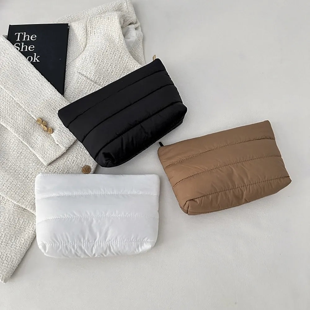 Quilted Puffy Cosmetic Bag – Soft Makeup Pouch in Warm Neutral Shades