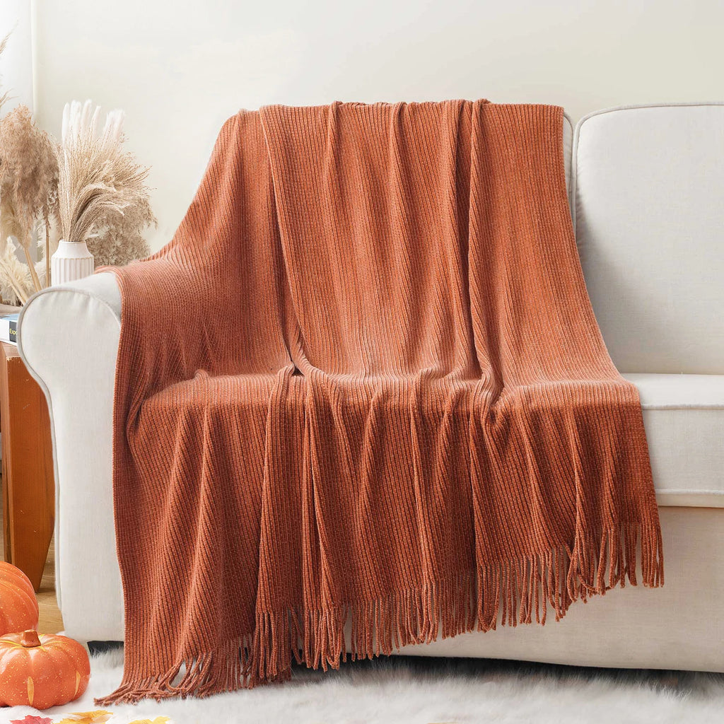 Chenille knit throw blanket with fringe, photo 2 of 12