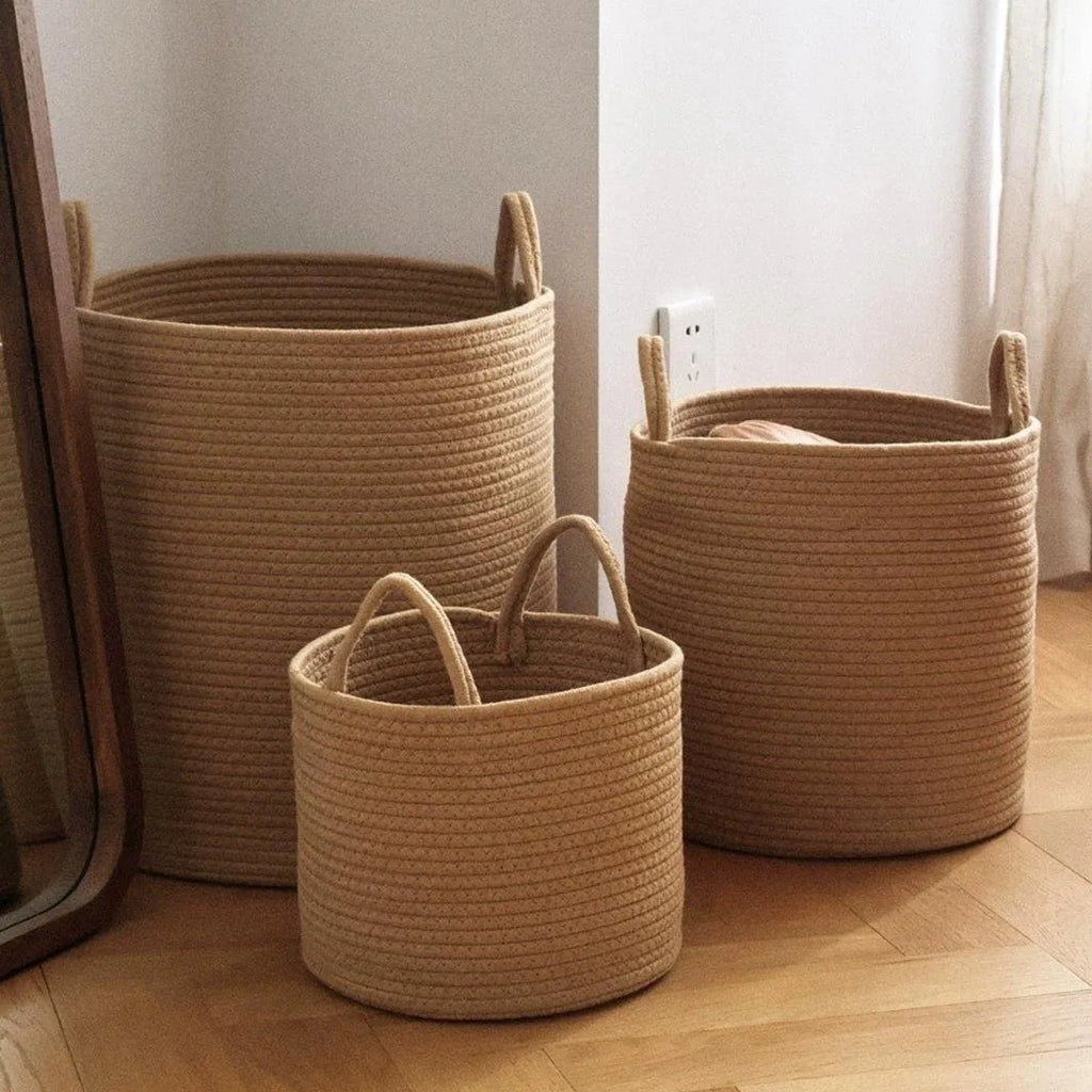 Woven Cotton Rope Storage Basket – Cozy Blanket Basket with Handles