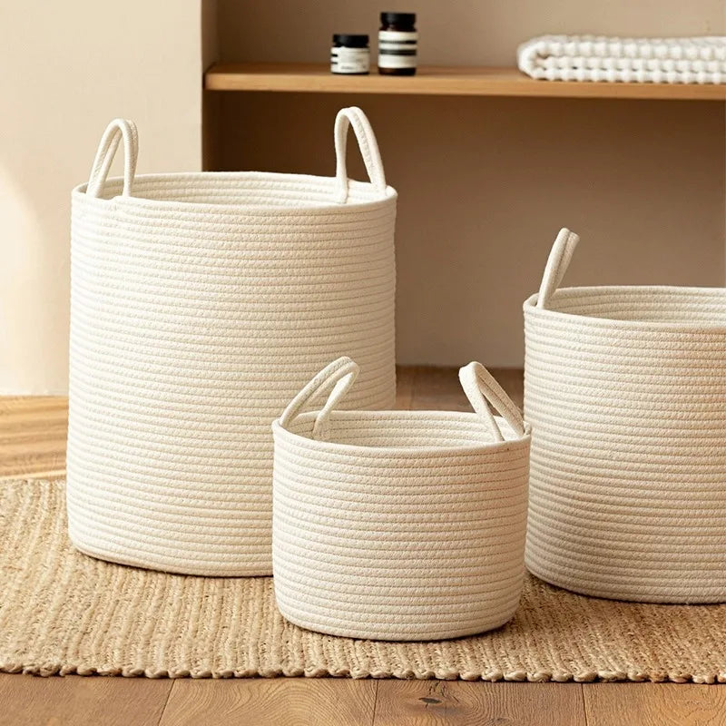 Woven Cotton Rope Storage Basket – Cozy Blanket Basket with Handles