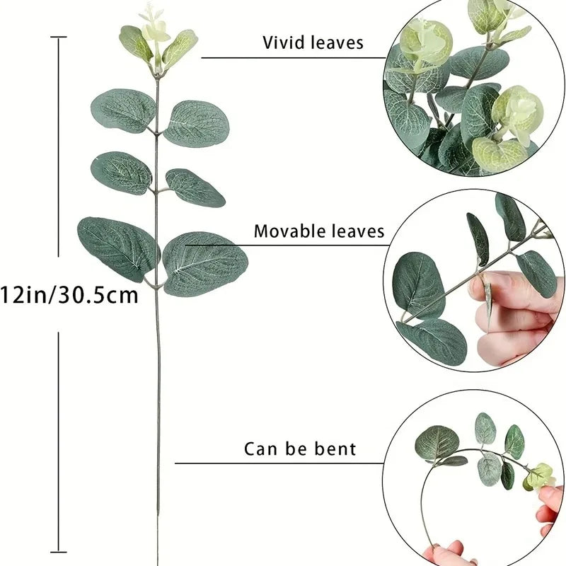 Faux Eucalyptus Stems, Set of 6 – Lifelike Greenery for Vases & Shelves