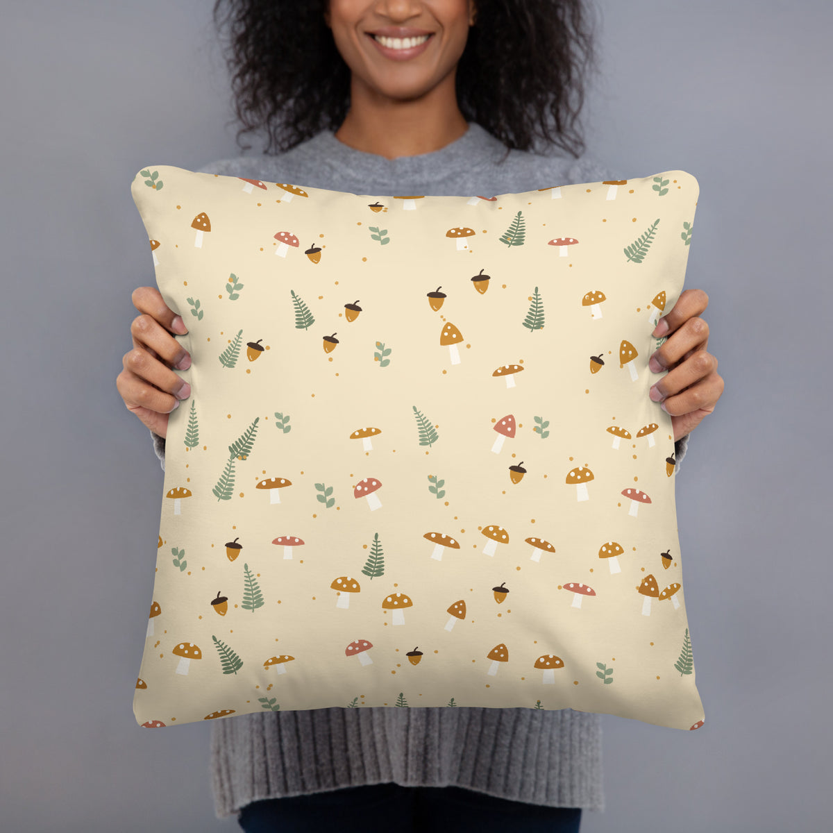 Mushroom cottage woodland print throw pillow